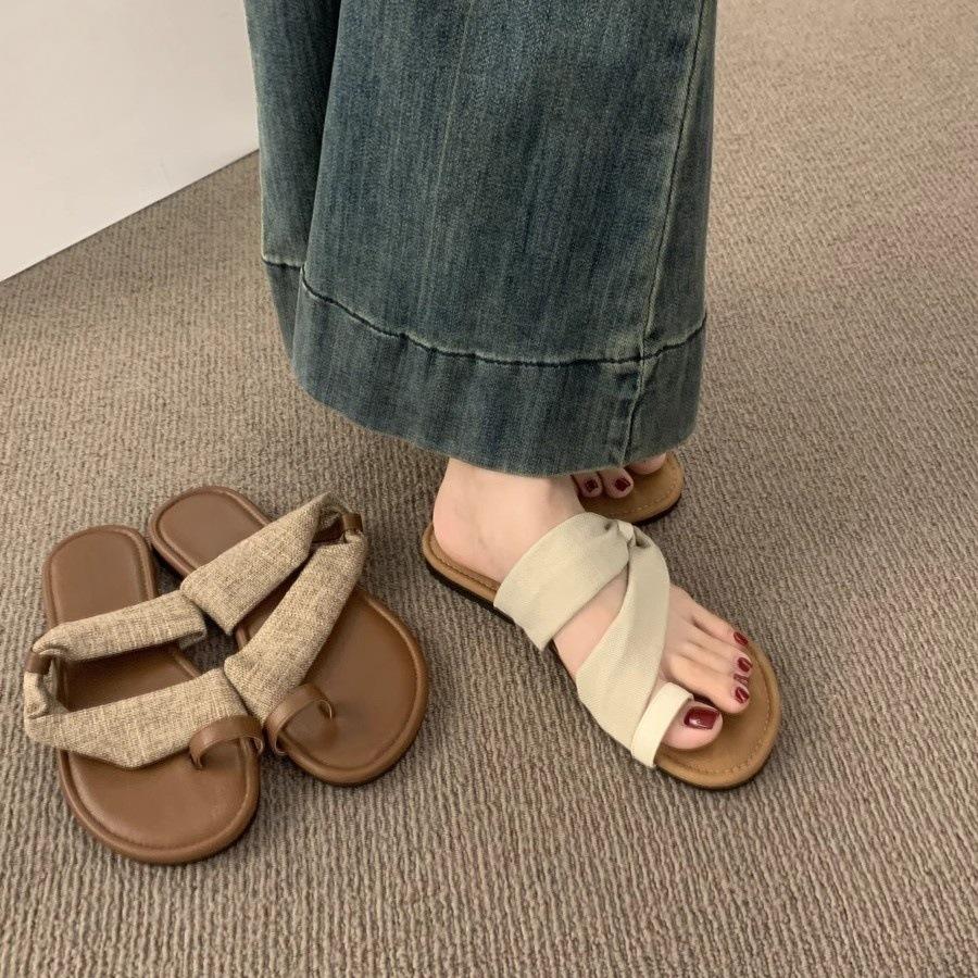 Two-way Linen One-word with Sleeve-toe Sandals Women's Summer Vacation Style Leisure Beach Roman Shoes Outside Slippers