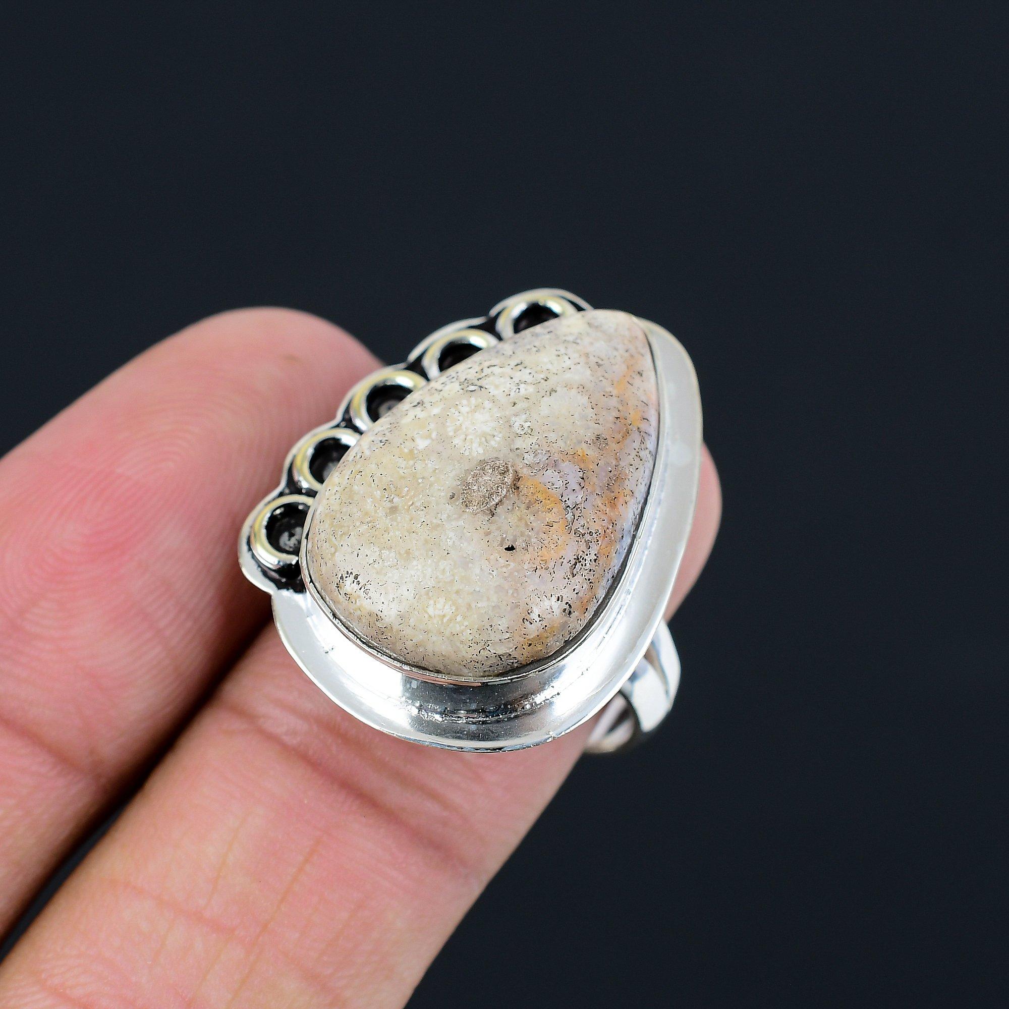 Mothers day Deal 925 Sterling Silver Pear Natural Fossil Coral Multi Stone Ring 9