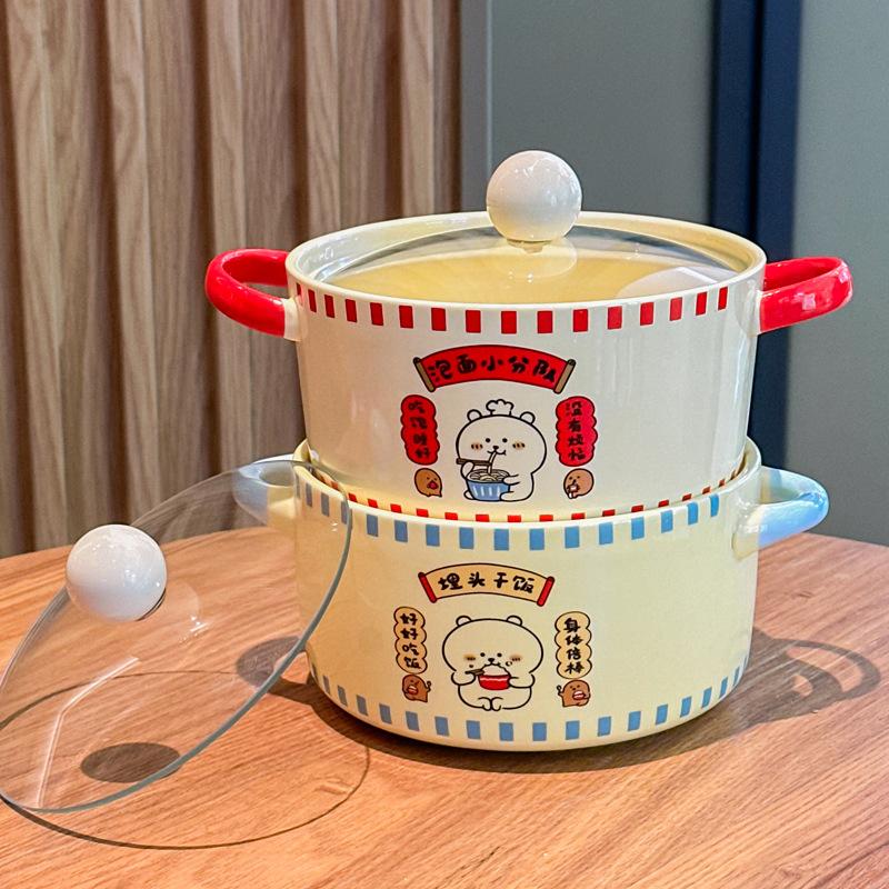 Cute Cartoon Instant Noodle Bowl with Lid, Large-capacity Ceramic Noodle Bowl for Dormitory Students, Binaural Snail Powder Bowl for Personal Use