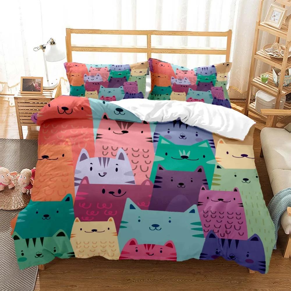 Cute Cat Print Quilt Cover Pillow Cover Bedding Set Luxury Queen Bedding Set Cute Style Customized Boys Bedding Set
