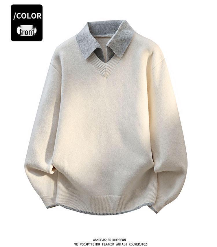 Men's Stylish Solid Color Two-Piece Look Lapel Sweater - Warm Japanese-Style Knitwear for Autumn/Winter.