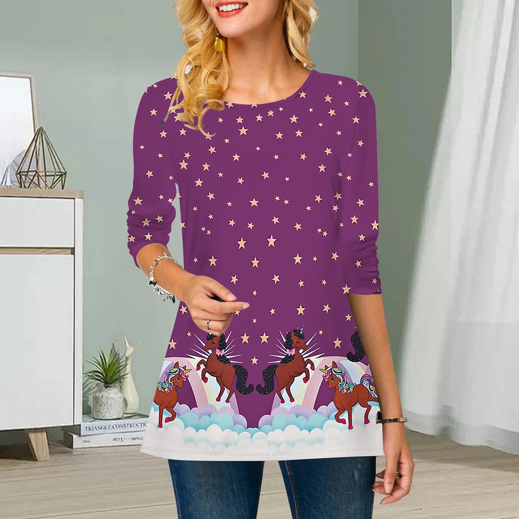 Übergröße Damen Blumen Schneeflockendruck Rundhals Lässiges lockeres Langarmoberteil