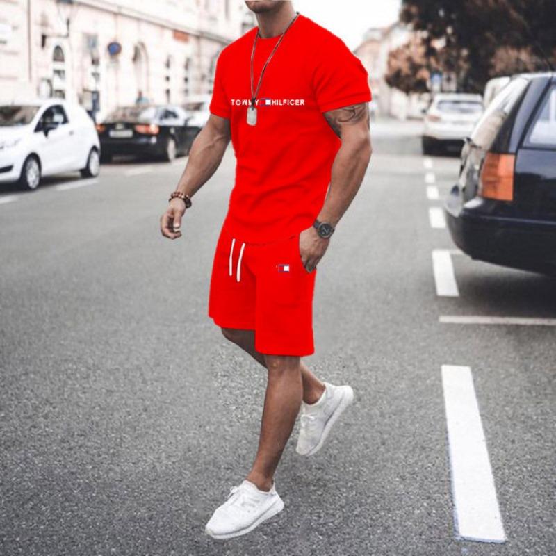 Set Sport Bărbați Două Piese Imprimat 3D Gât Rotund Tricou Model Colorat Imprimare cu Litere Casual Fitness Topuri cu Mânecă Scurtă Pantaloni Scurți