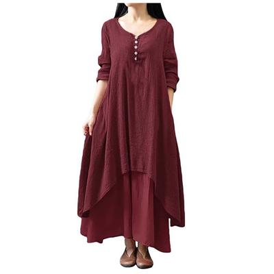 (SU)Women Casual Loose Long Sleeve Cotton Linen Boho Long Dress Irregular Dress