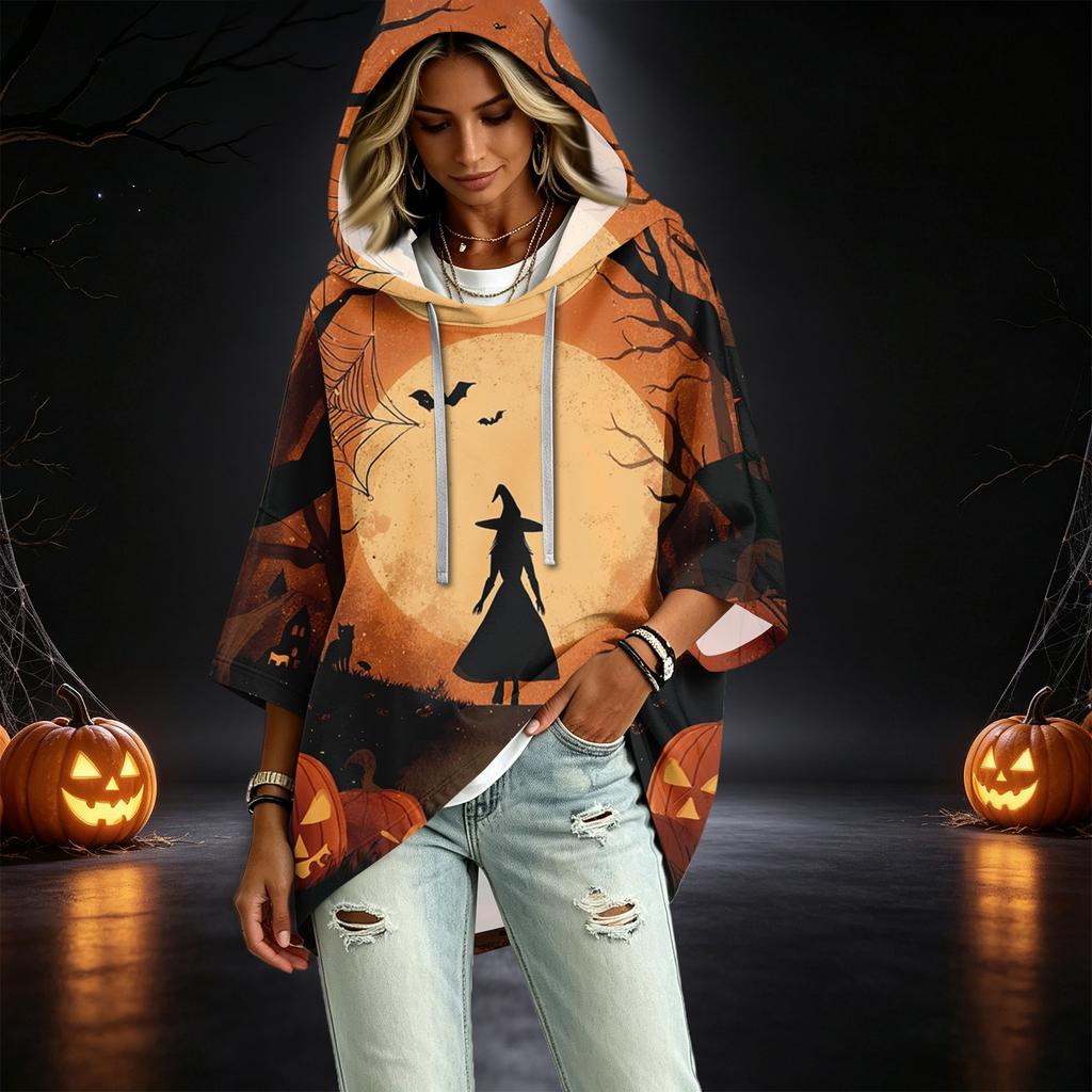 Women's Fashionable Three-Quarter-Sleeve Halloween-Printed Hooded Pullover