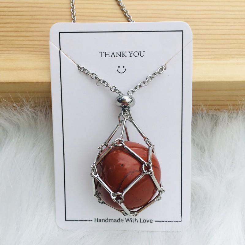 Adjustable Bamboo Link Chain Necklace With Handwoven Crystal Mesh Pendant Natural Gemstone Boho Choker Women Men
