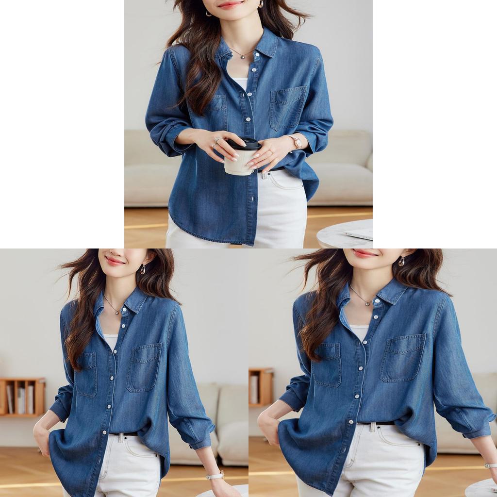 Camicia in Tencel Blu Denim da Donna a Manica Lunga Casual da Ufficio con Tecnologia Antipiega