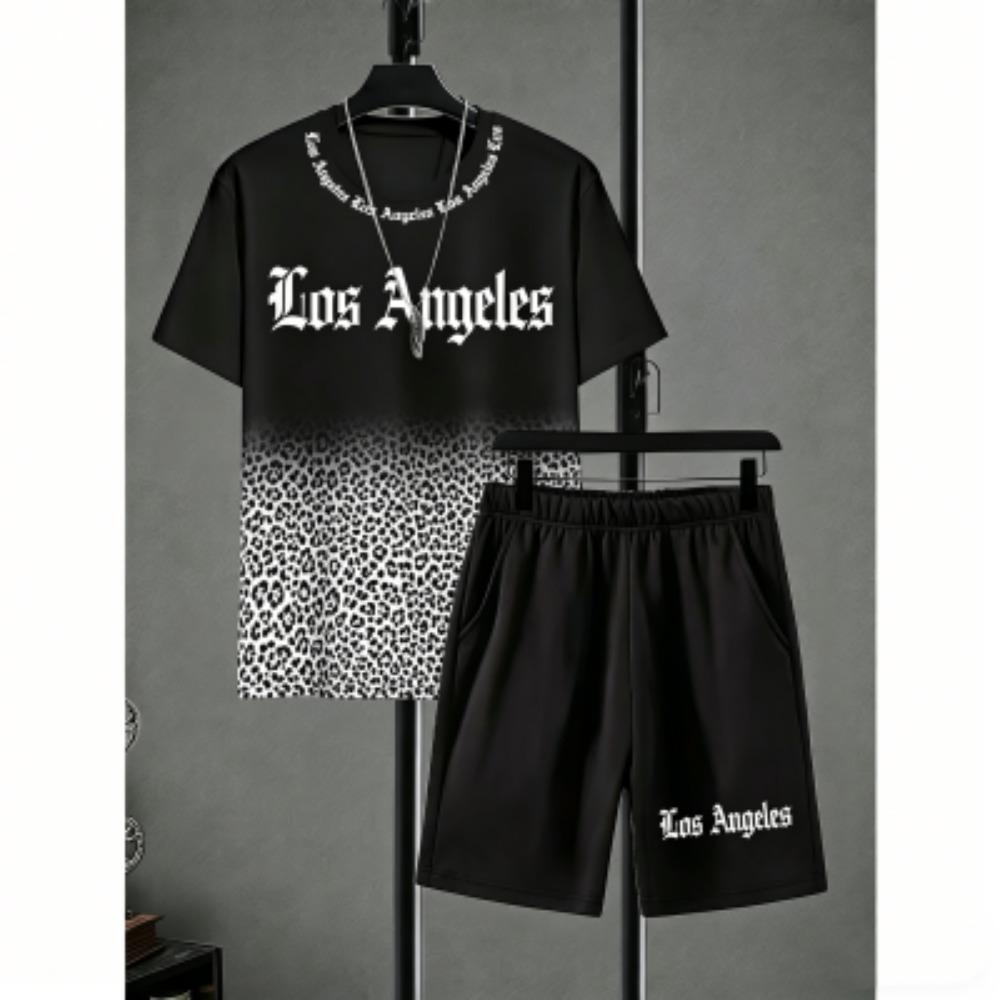 Fun Men's Set Letter Leopard Colorful Printed Men's T-shirt and Shorts 2 Piece Set Summer Casual Outdoor Men's and Women's T-shirt Sets