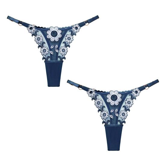 2 Pcs Women Thong Floral Embroidery See-through Lace Briefs Low Waist Hollow Out Elastic Wedding Night Bedroom Lady Underpants