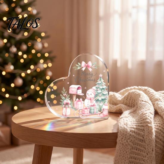 Romantic Christmas Gifts Heart Shaped Acrylic Tabletop Sign, 2D Winter Snow Scene Desktop Ornament Holiday Centerpieces with Santa, Snowman