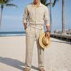 2026 European Men's Casual Loose Linen Lapel Shirt & Long Pants Set - Breathable Cotton Blend