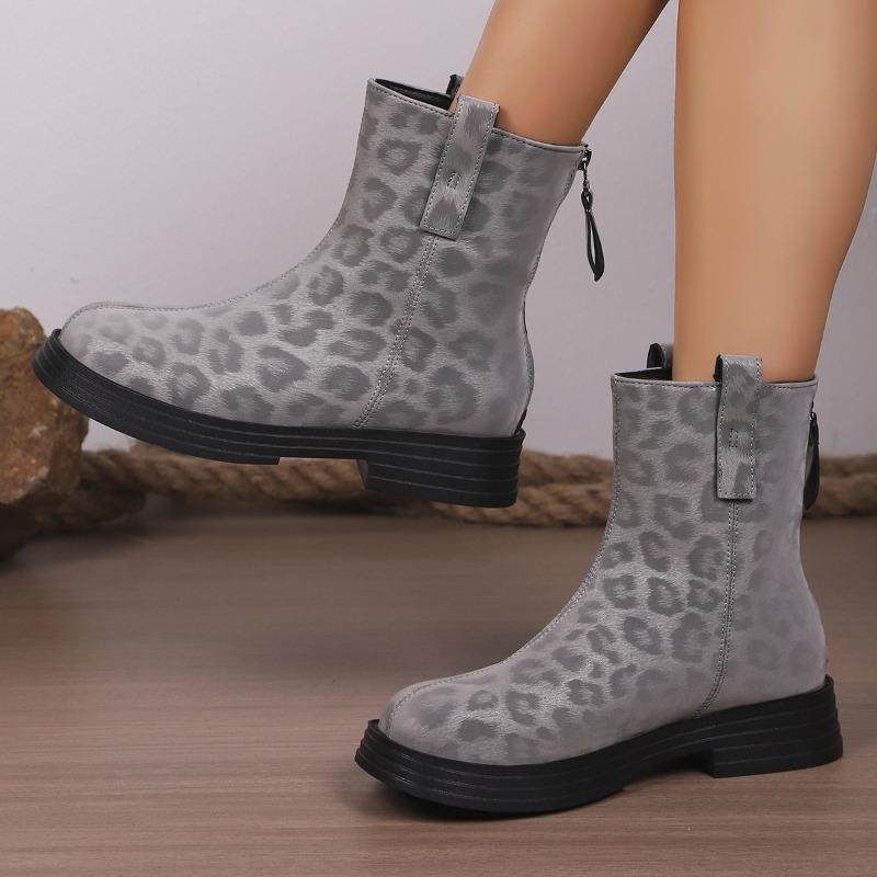 European and American foreign trade large size short leather cowboy boots women's cross-border leopard print rear zipper thin knight Martin boots