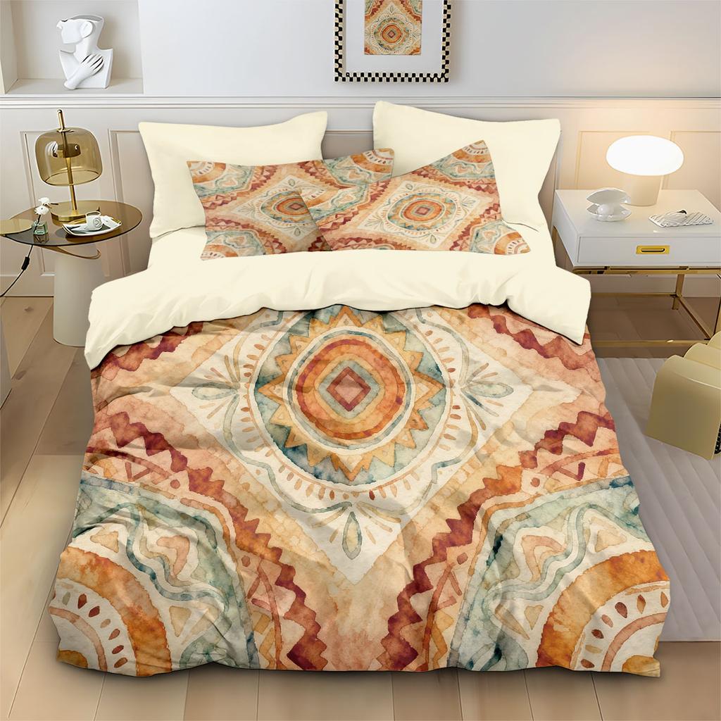 3pcs Bohemian Retro Floral Print Coreless Down Duvet Cover Set, Multi Size Bedding Decoration, Machine Washable