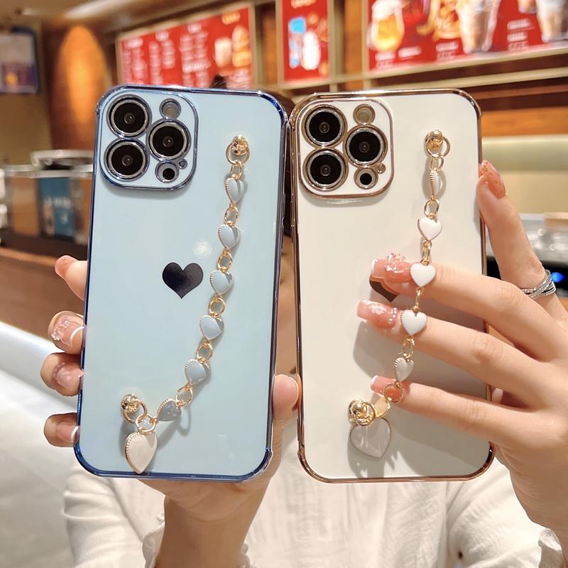 Soft Electroplated Love Heart Silicone Case For iPhone 11 12 13 Pro Max XS X XR 7 8 Plus SE  Mini Bracelet Bumper Cover