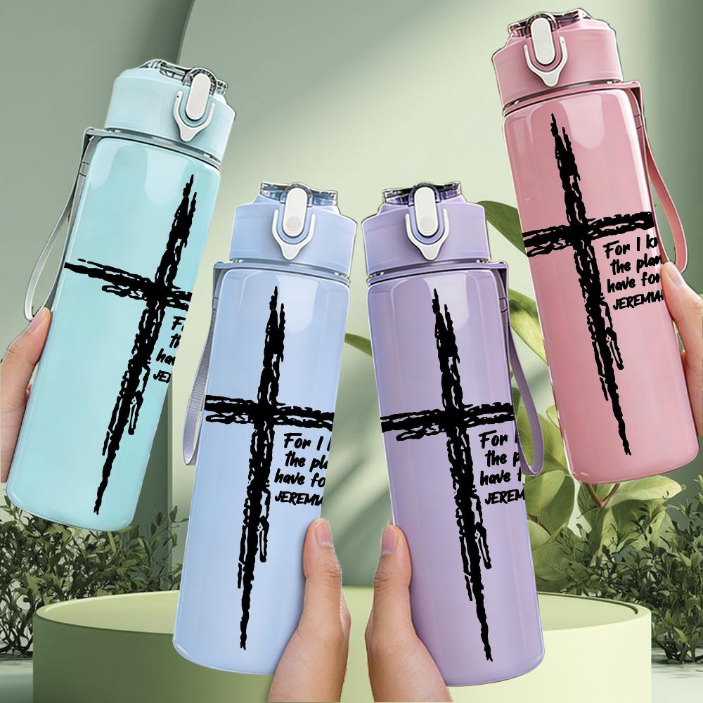 1 Pezzo Croce di Legno con Versetto Biblico 750ml Borraccia Sportiva in Plastica Colorata Tappo Flip-Top Ermetico Adatta per Sport Ufficio Uso Domestico