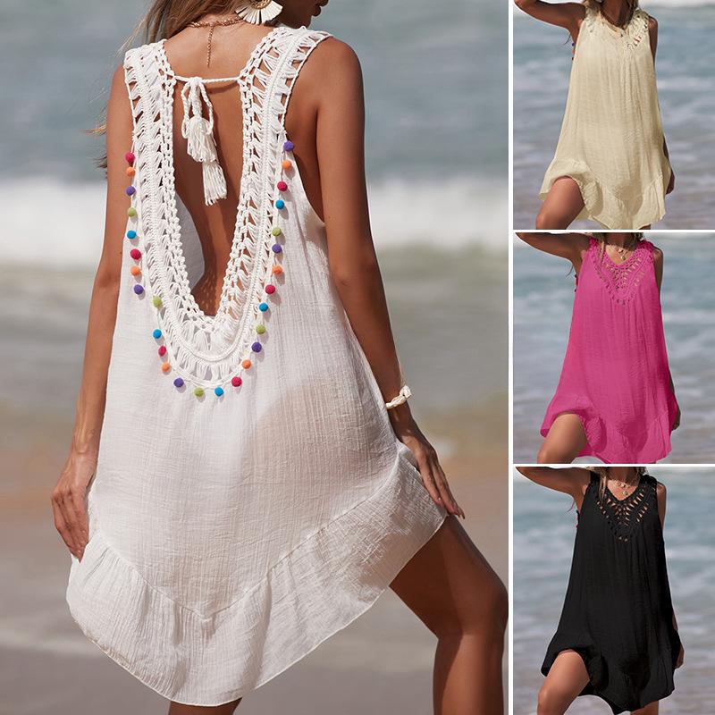 Colorful Ruffle V-Neck Crocheted Patchwork Bikini Cover-Up Skirt