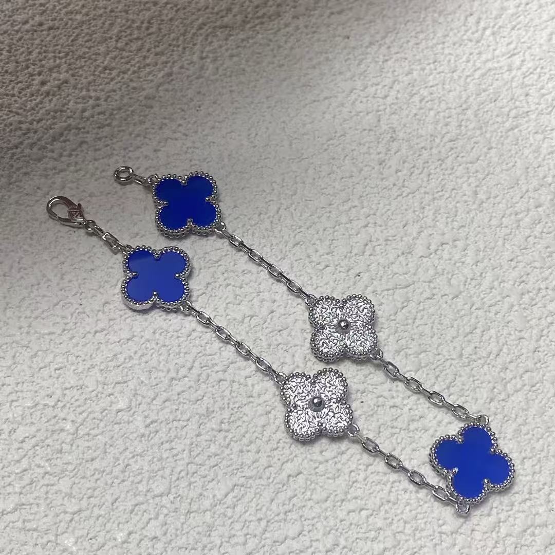 Модный браслет «Четырехлистный клевер», браслет «Пятицветок» женский с горячим тиснением, синий перламутр, розовое золото 18 карат, версия High, браслет с ЧПУ серебряный