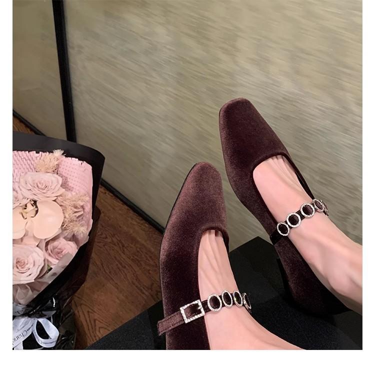 Sheepskin Version~ Genuine Leather French Square Head Light Mouth High Heels One-word Diamond Belt Low Heel Suede Mary Jane Single Shoes Ladyshoes