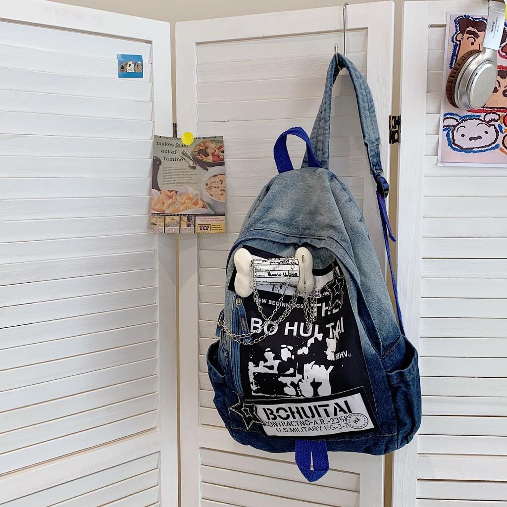Schoolbag Hot-selling retro denim backpack, sweet and spicy rock style print niche bone pendant, double shoulder women's bag