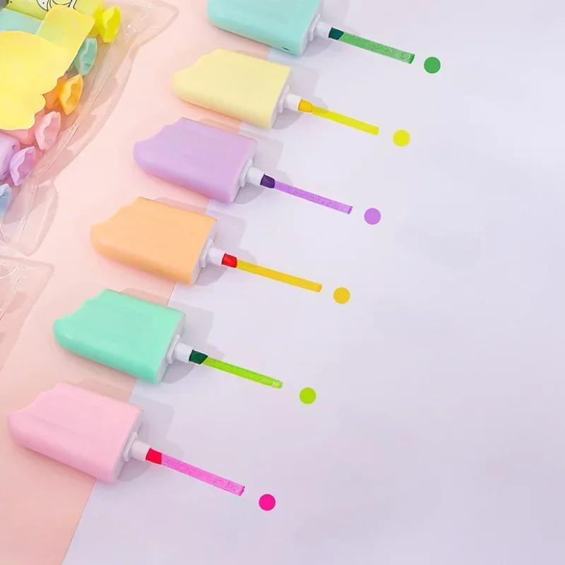 6 Pcs/Lot Cute Cartoon Highlighters School Office Stationery Students Drawing Supplies Kawaii Ice Cream Mini Paint Marker Pen