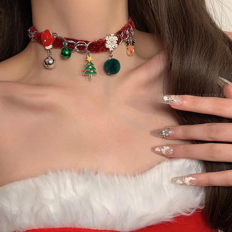 Red Plush Christmas Necklace with Bells, Reindeer, and Snowflakes - Women's Festive Choker