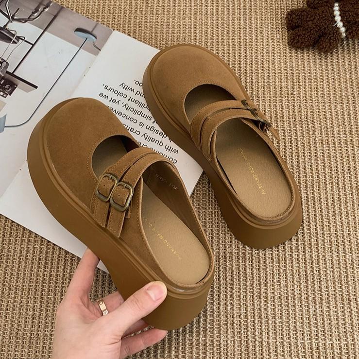 Versatile and Lightweight Retro Thick-bottomed Bag Head Slippers for Women's 2025 New Autumn and Winter Outer Wear To Increase the Height of Mary Jane