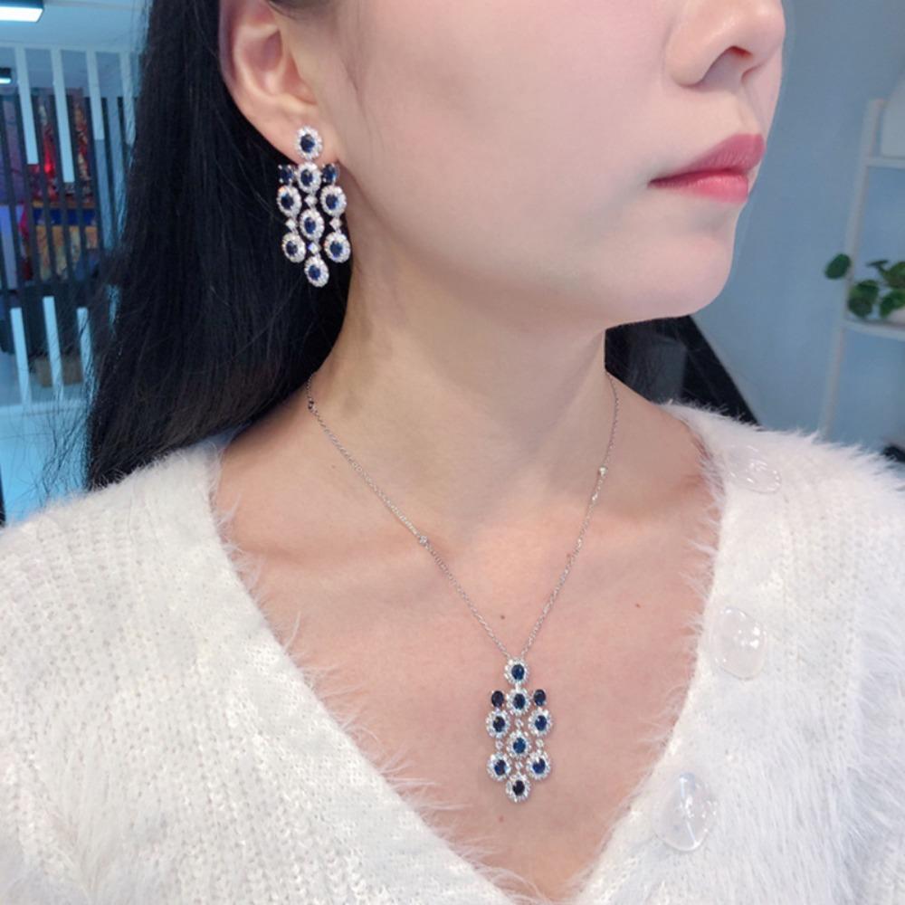 Luxury Blue Diamond Long Earrings Royal Blue Sapphire Necklace Pendant Set for Women Elegant Goddess Jewelry