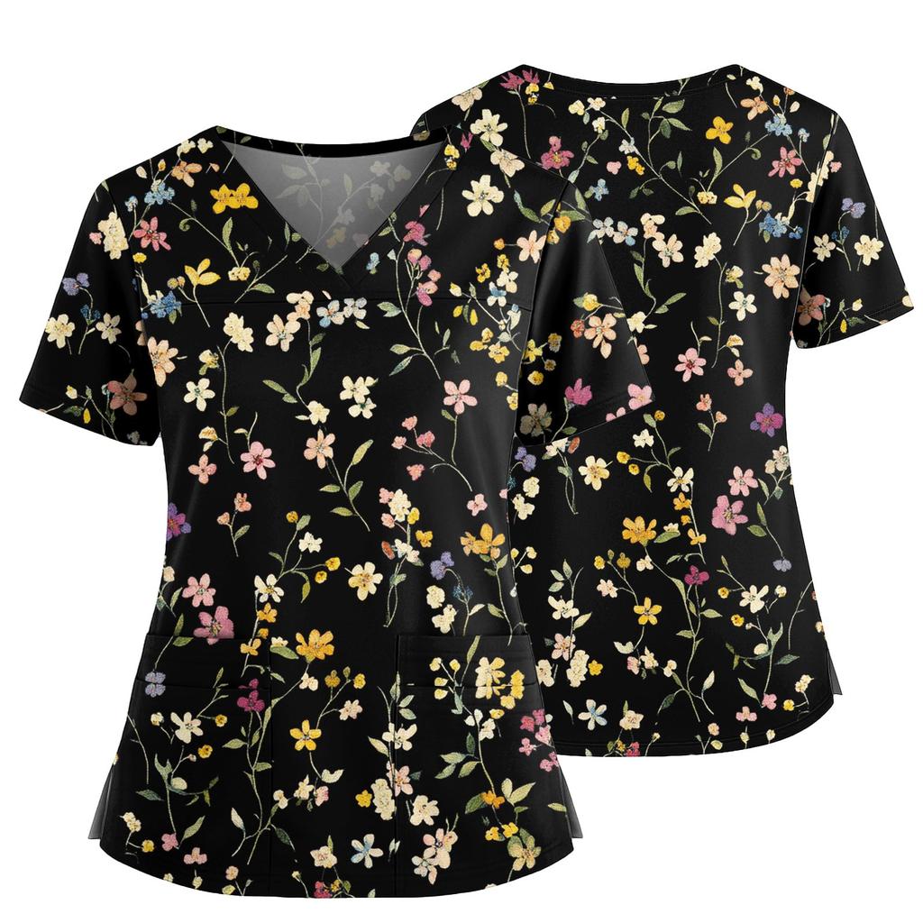 Women's Casual Printed V-Neck Pocket Side Slit Short Sleeved Top Short Sleeved Top