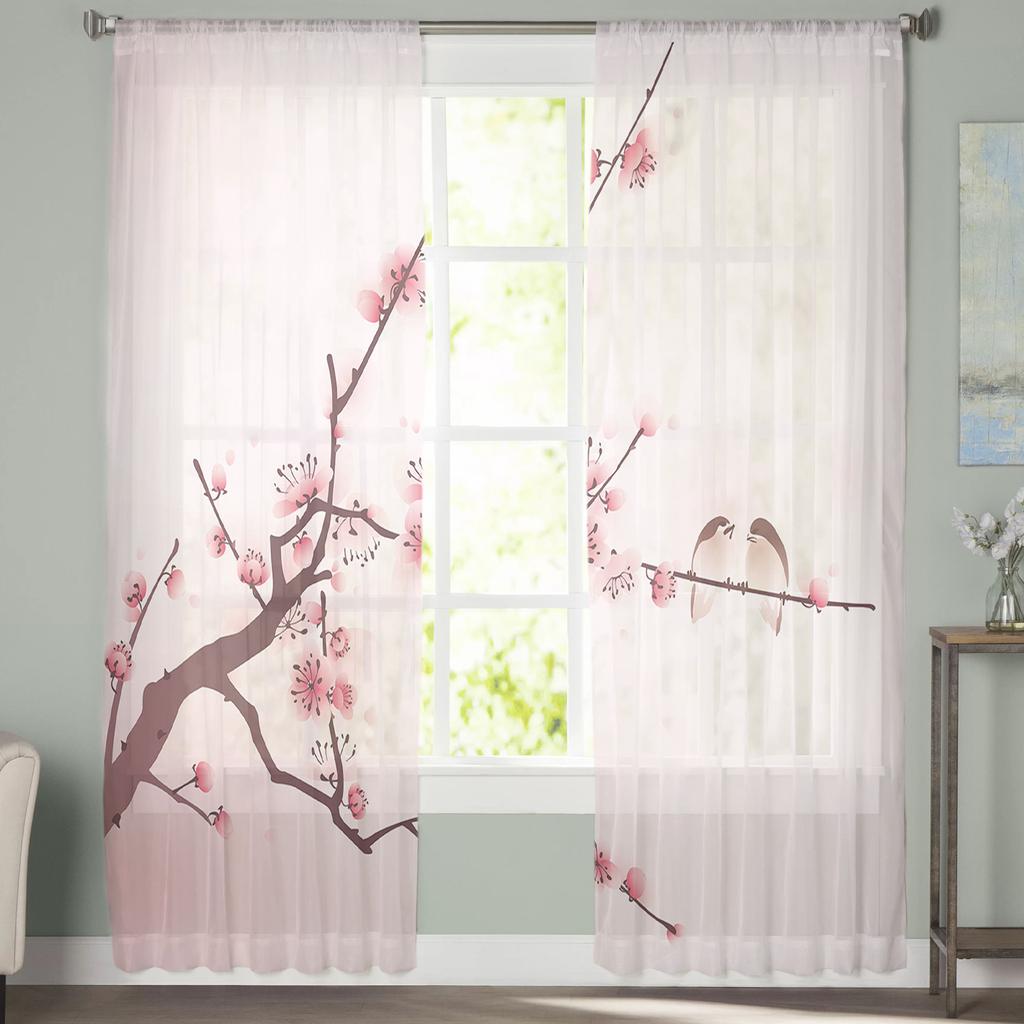 Różowe kwiaty wiśniowe ptaki atramentowe nowoczesne tiulowe zasłony do salonu sypialni domu kuchni okna przezroczyste zasłony