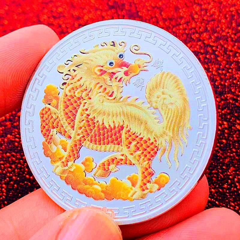 

Chinese Qilin animal gold coins, painted commemorative medals, Hundred Blessings gold coins, coins, decorative commemorative coins