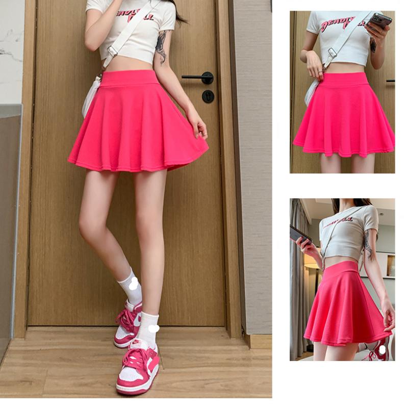 Summer Basic Skirts Women Shorts Mini Elastic Pleated Skirts High Waist Bubble Sun Skirts School Girl Uniform Lined Safety Pants