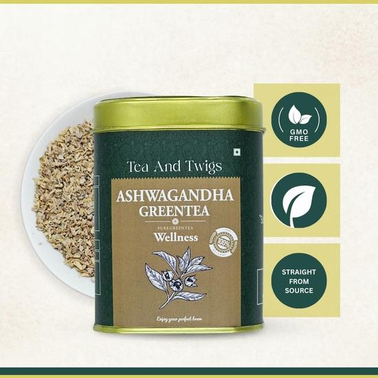 Tea And Twigs | Ashwagandha GreenTea- 15 Tea Bags (30 Gram) | Ayurvedic Blend of Himalayan Green Tea, Natural Ashwagandha