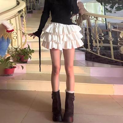 Kawaii Lolita Mini Skirt Women Elastic Japanese Korea Sweet Casual Skirt Female Ruffle Soft Plush Warm Cake Skirt Autumn Winter