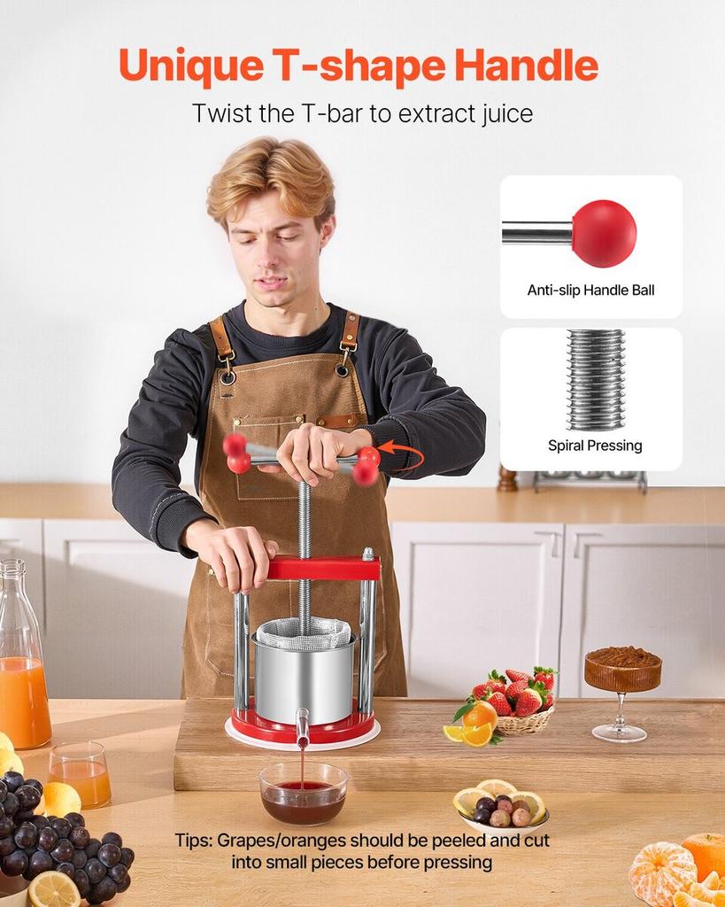 Pressa Manuale per Vino di Frutta per la Vinificazione 0,44 Gal/1,65L Acciaio Inossidabile
