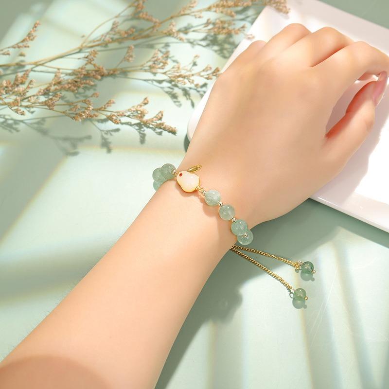 Women S Rabbit Bracelet Gold Plated Jade Bead Chinese Style Handmade Gift