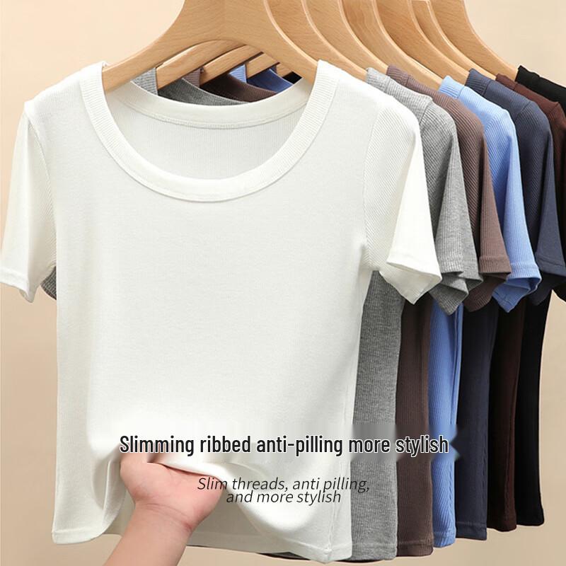 Xueqiman Damen figurbetontes geripptes Rundhals-Kurzarm-T-Shirt