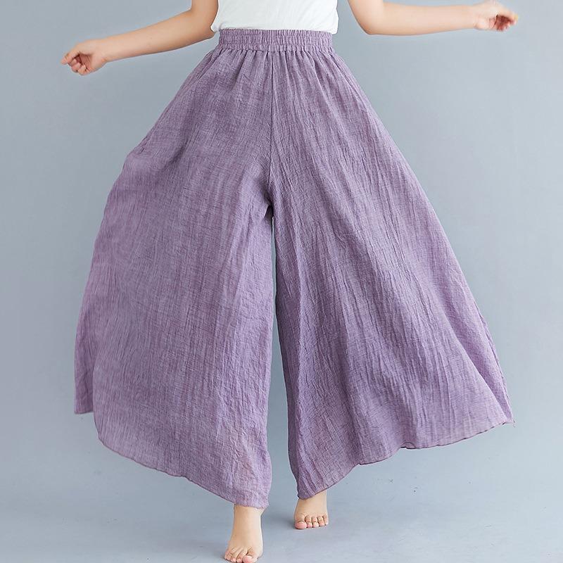 Summer Women's Trousers Artistic Large Size Cotton and Linen Wide-leg Trouser Skirt Linen Skirt Elastic Waist Solid Color Ethnic Style Trouser Skirt
