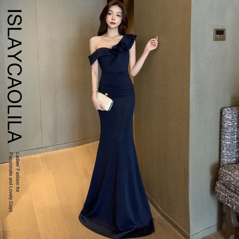 ISLAYCAOLILA E41 Karen Dress a Maxi Dress Perfect for or Party Women's (M, Navy), Flared, Long, One-shoulder Cabaret, Club, Wear.