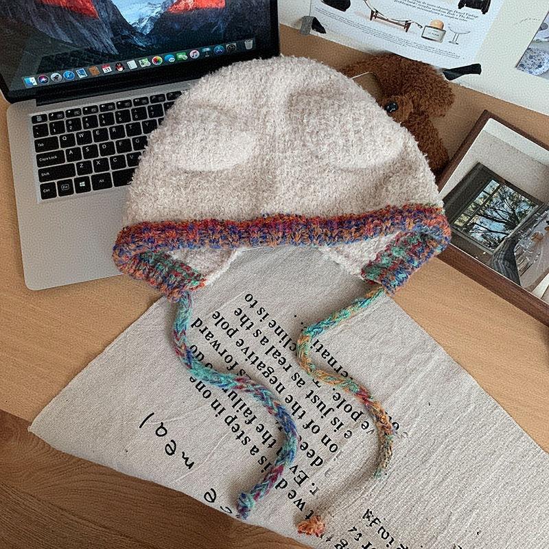 2025 new mixed color strap bear ears plush hat women's winter warm ear protection knitted wool hat pullover hat