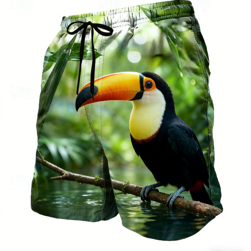 

Realistic Tropical Animal Graphic Beach Shorts, Men s Casual Drawstring Swim Trunks, Crafted for Wilderness & Beach Looks S