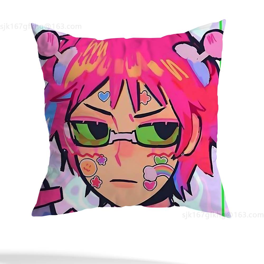 Anime Role S-Saiki K Chibi Pillow Case Square Double-Sided Printing Short Plush Sofa Cushion Cover Bedroom Bedside Pillow