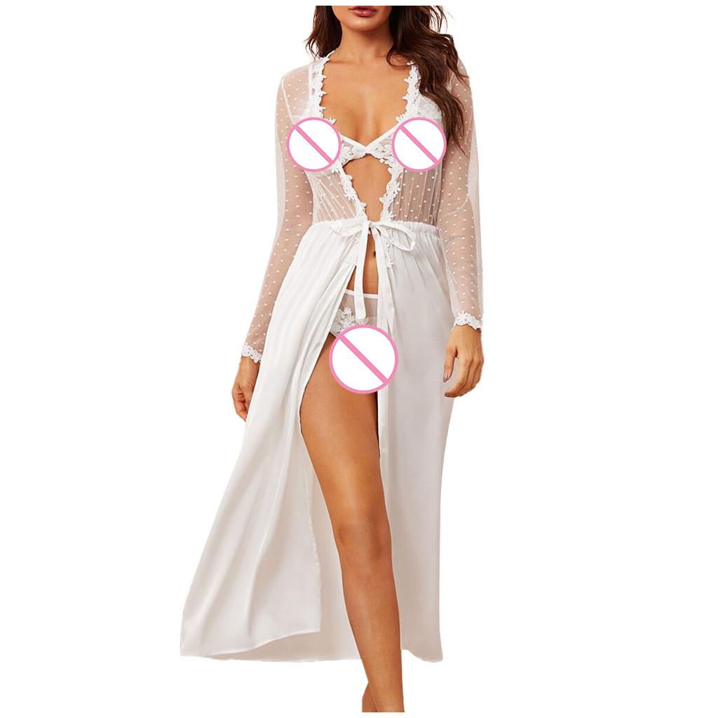 Women's Underwear Ladies Sexy Lace Kimono Robe Mesh Nightdress Set