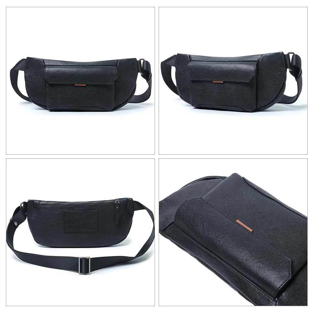Whatna Antique-Style Tanned Natural Cowhide Leather Crossbody Chest Bag, Men's, One-Shoulder, Unisex, Genuine Leather, YH8024 (Black)