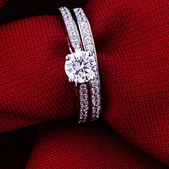 Women Engagement Wedding 2Pcs Ring Set Cubic Zirconia White Silver Plated Rings