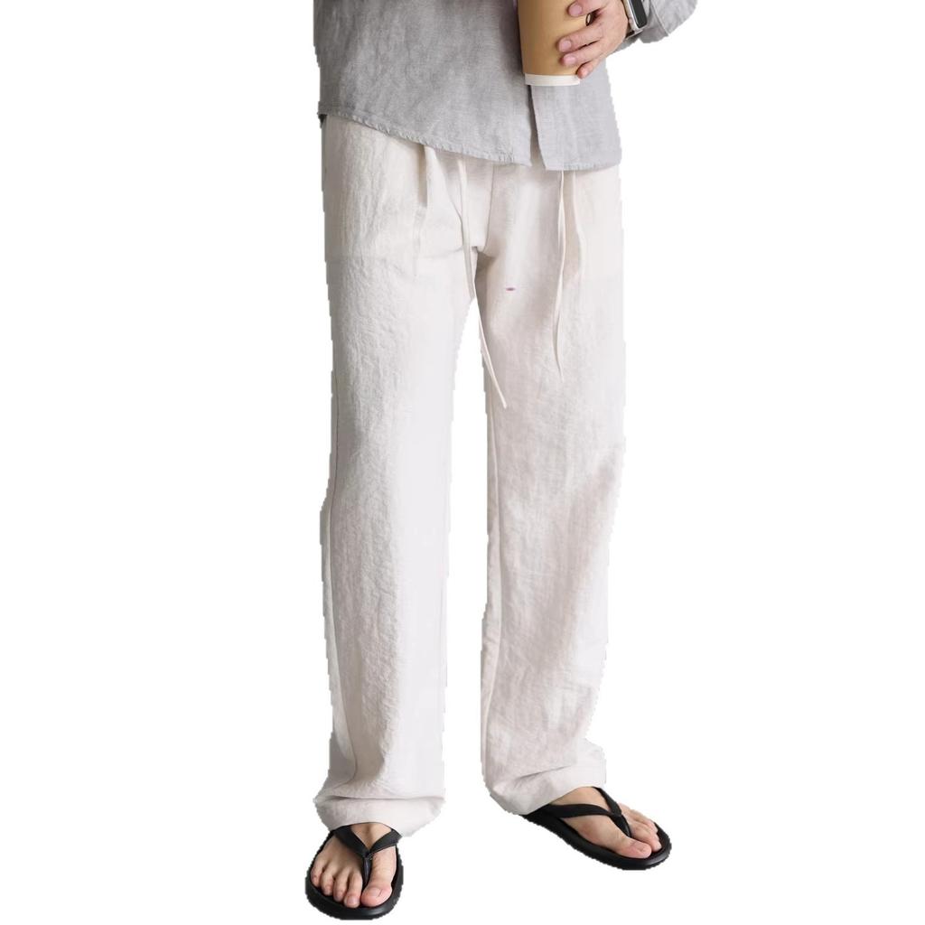 Ice silk linen trousers non-wrinkled elastic waist mopping wide-leg trousers men's polyester imitation linen process