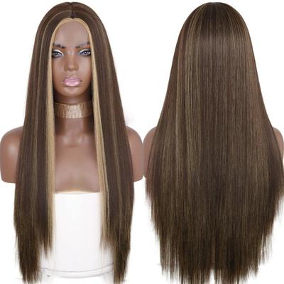 Long Straight Brown Two-tone Hair Synthetic Wig for Women Natural Middle Part Wig for Girls Heat-resistant Fiber Natural Wig