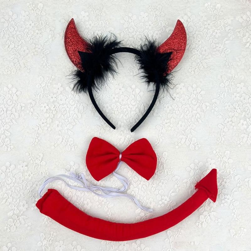 Halloween Cow Costume Animal Dress up Set Includes Cow Horn Headband, Tail, Bowtie for Kid Girl Halloween Cosplay Party