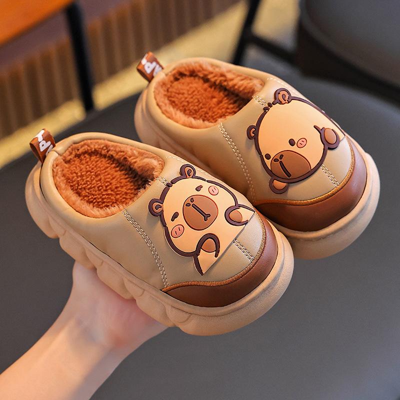 Autumn and Winter Children's Bags, Heels, Cotton Shoes, PU Leather Waterproof, Warm, and Plush Cotton Slippers for Adults and Children At Home