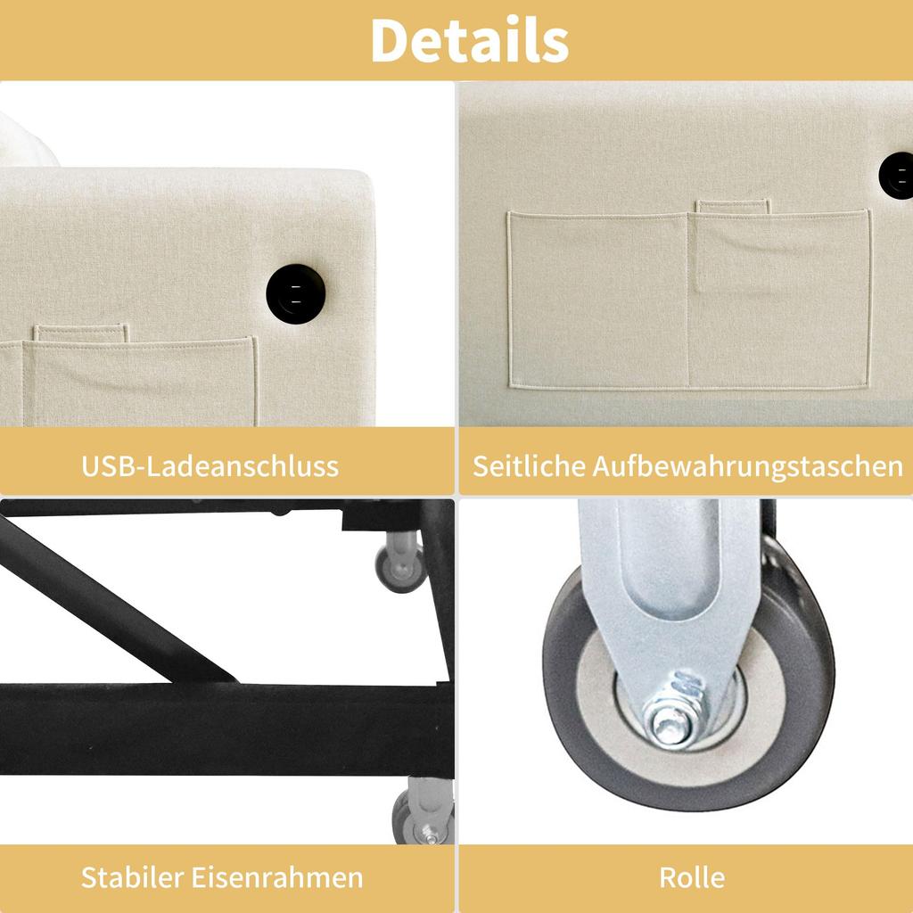 Sofa Bed with Storage Box 2-seater 3-in-1 Sofa Bed Foldable Adjustable Backrest USB Ports Armrest Pockets Beige 142x85x83 Cm