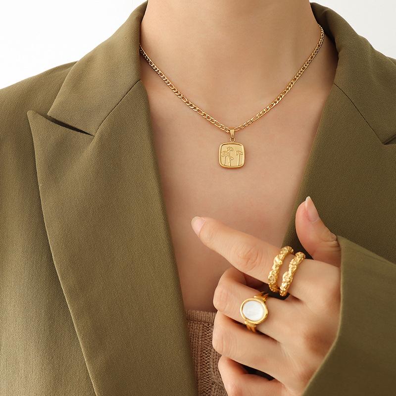 Retro Vtage Dandelion Flower Square Brand Pendant Necklace Titanium Steel Plated 18K Real Gold Sweater Chain Jewelry